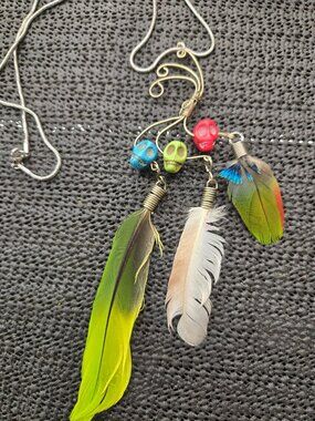 skull feather hippy boho abstract pendant necklace